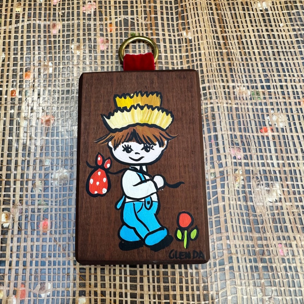 Vintage Glenda Signed Hand Painted Wood Wall Plaque Hobo Boy Bindle Folk Art - Picture 4 of 6